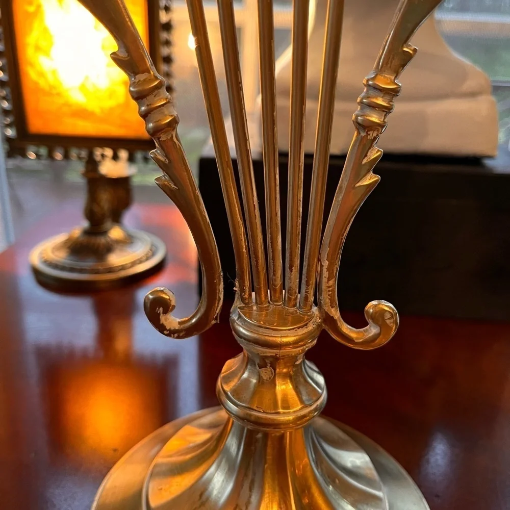 Pair of Lyre Shaped Brass Candle Holders 10-1/8